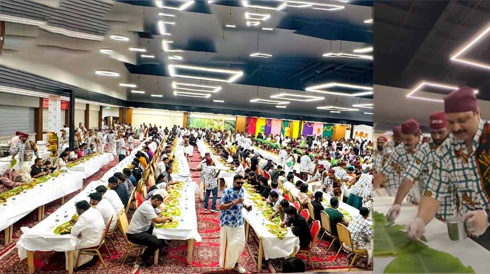 വരിവരിയായി സദ്യവട്ടം, വേറിട്ട വസ്ത്രഭംഗി; റിയാദില് മാനവികതയുടെ മെഗാ ഓണസദ്യ